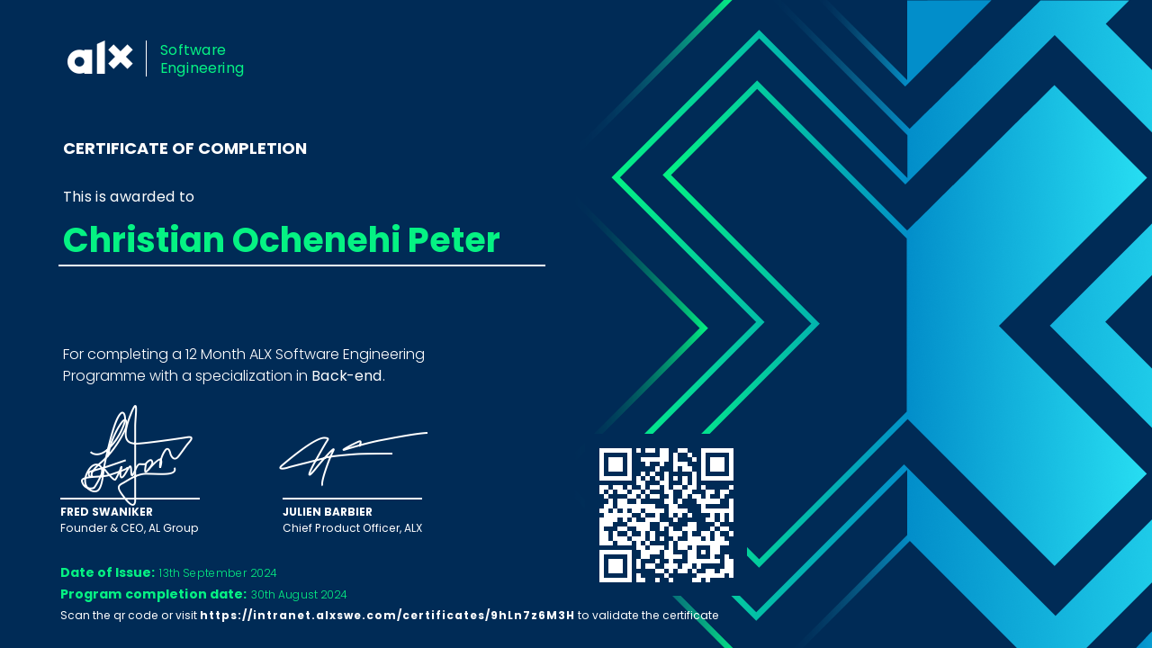 ALX Software Engineering Programme certificate of completion for Christian Ocheneni Peter